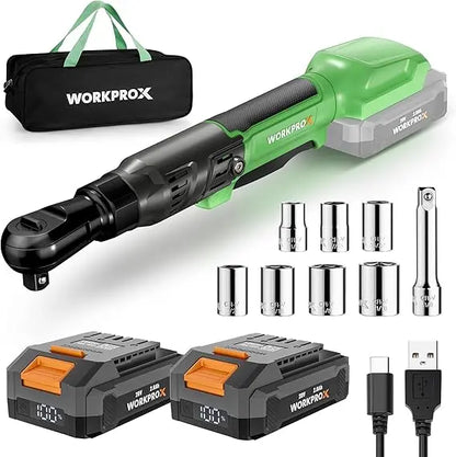 WORKPROX 20V Dual-Socket Cordless Ratchet Wrench Kit  1/2″ & 3/8″ Drive, 74 Ft-Lbs Torque, Includes Two Batteries