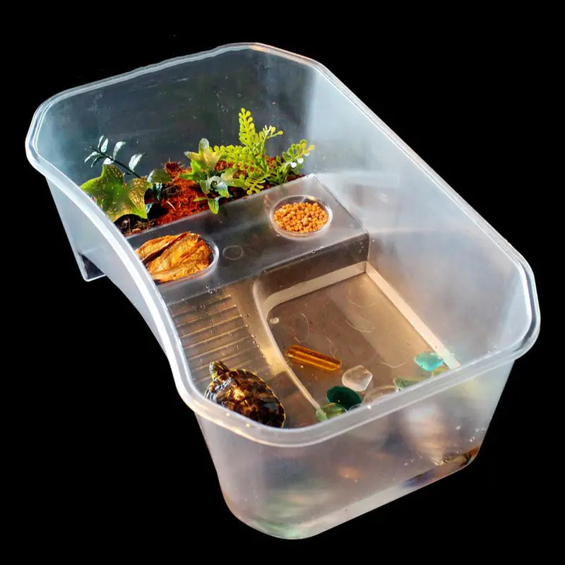 Deluxe Aquatic , Aquarium Box for Turtle Reptile Habitat Tank with Basking Ramp Platform Plants White