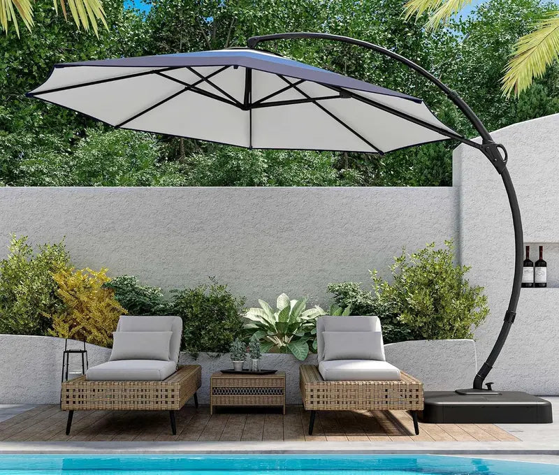 LAUSAINT HOME 11-Foot Cantilever Umbrella — Curvy Offset Design with 360° Rotation, Base Included, Beige Finish