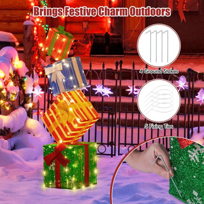 Set of 4 Stackable Pre-Lit Gift Box Decorations with Warm White LEDs &amp; Integrated Ribbons