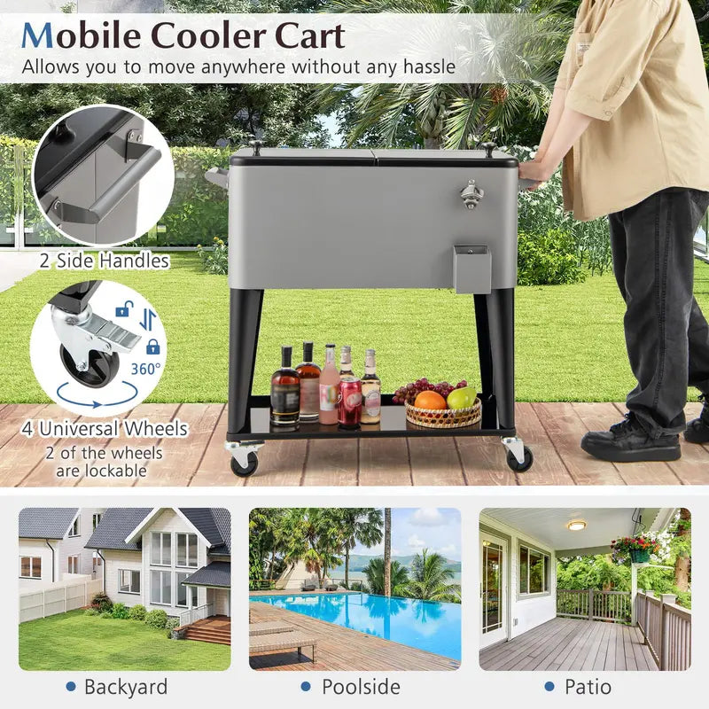 80-Quart Wheeled Rolling Ice Chest with Storage Shelf & Smooth-Castor Wheels