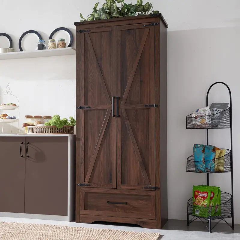 JXQTLINGMU Farmhouse Pantry Cabinet  72-Inch Tall Wood Storage Unit with Barn Doors, Drawer, and Adjustable Shelves