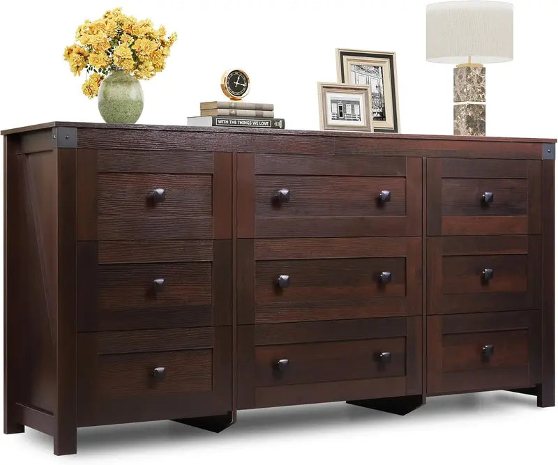 9-Drawer LED TV Dresser  58.35-Inch Wood Dresser with Power Outlets, Open Shelving & Bedroom Storage