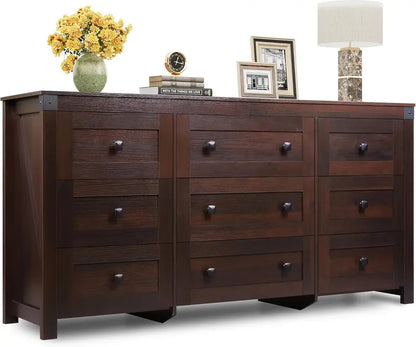 9-Drawer LED TV Dresser  58.35-Inch Wood Dresser with Power Outlets, Open Shelving & Bedroom Storage