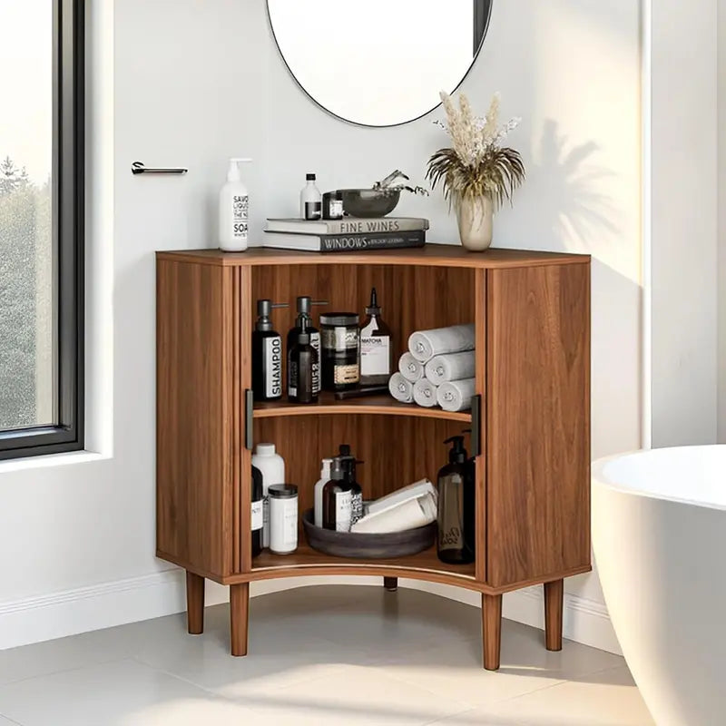 Compact Fluted Wooden Corner Base Cabinet — Minimalist Storage Solution