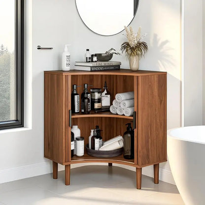 Compact Fluted Wooden Corner Base Cabinet — Minimalist Storage Solution