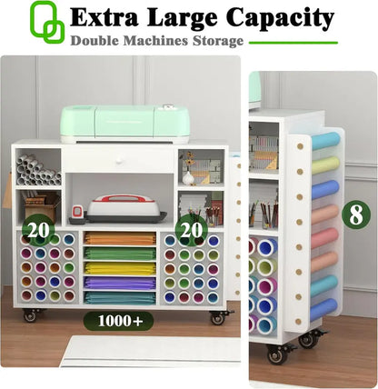 Rolling Craft Storage Cart for Cricut Machines  Mobile Workstation with Large Drawer, 48-Spool Vinyl Holder & Tabletop Surface