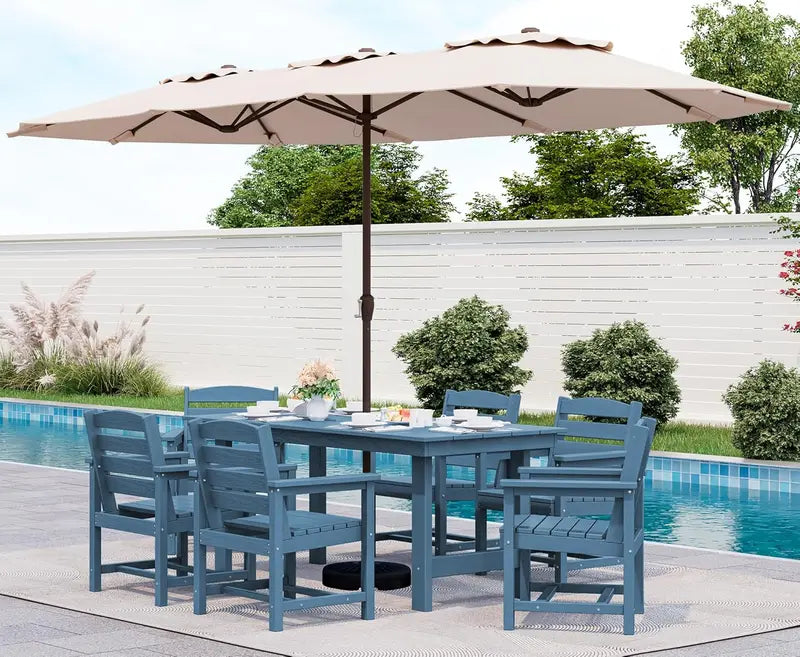 SERWALL 7-Piece Blue HDPE Outdoor Dining Set with Umbrella Hole and Stackable Chairs