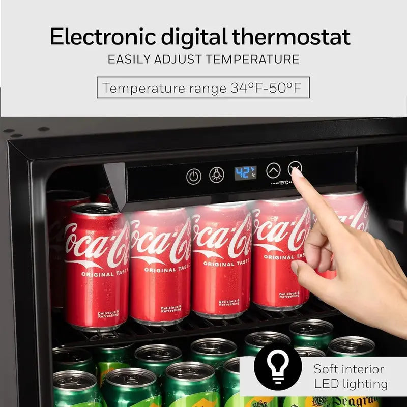 115-Can Beverage Refrigerator  Glass-Door Mini Fridge with Adjustable Shelving for Bar or Office
