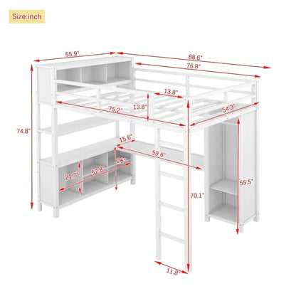 Off-White Metal Loft Bed with Under-Bed Desk and Closet Integration  Full-Size Space-Saving Solution