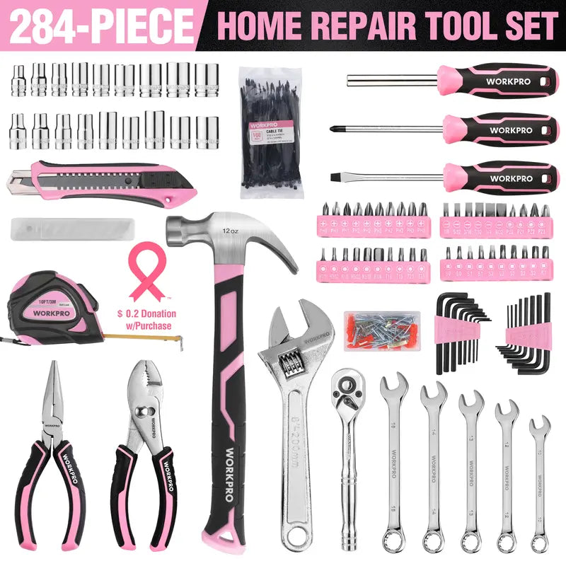 WORKPRO Complete Household Tool Set  258 or 284 Pieces, Pink Ribbon Design