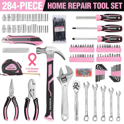 WORKPRO Complete Household Tool Set  258 or 284 Pieces, Pink Ribbon Design