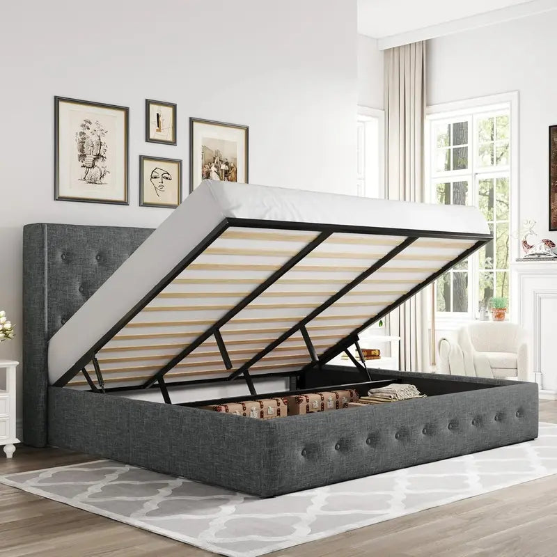 Allewie Modern Hydraulic Lift Queen Storage Bed  Wingback Headboard, Light Beige