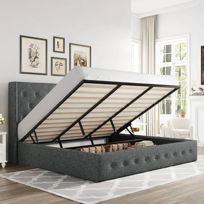 Allewie Modern Hydraulic Lift Queen Storage Bed  Wingback Headboard, Light Beige