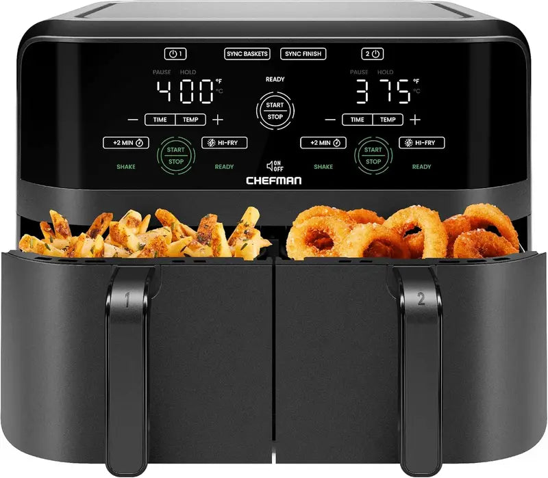 Chefman 6-Quart Dual-Basket Digital Air Fryer  Touchscreen Control, Independent 3-Quart Baskets, Smart Sync Finish & Auto Shut-Off