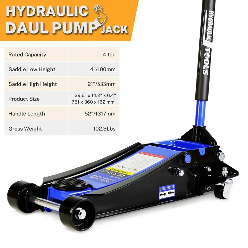 Low-Profile 4-Ton Hydraulic Floor Jack  Heavy-Duty Trolley Lift with Dual-Piston Pump, 4″21″ Range, 8000 lb Capacity
