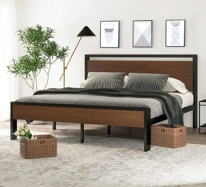 SHA CERLIN Queen Metal Platform Bed  14-Inch Frame with Wooden Headboard &amp; Footboard