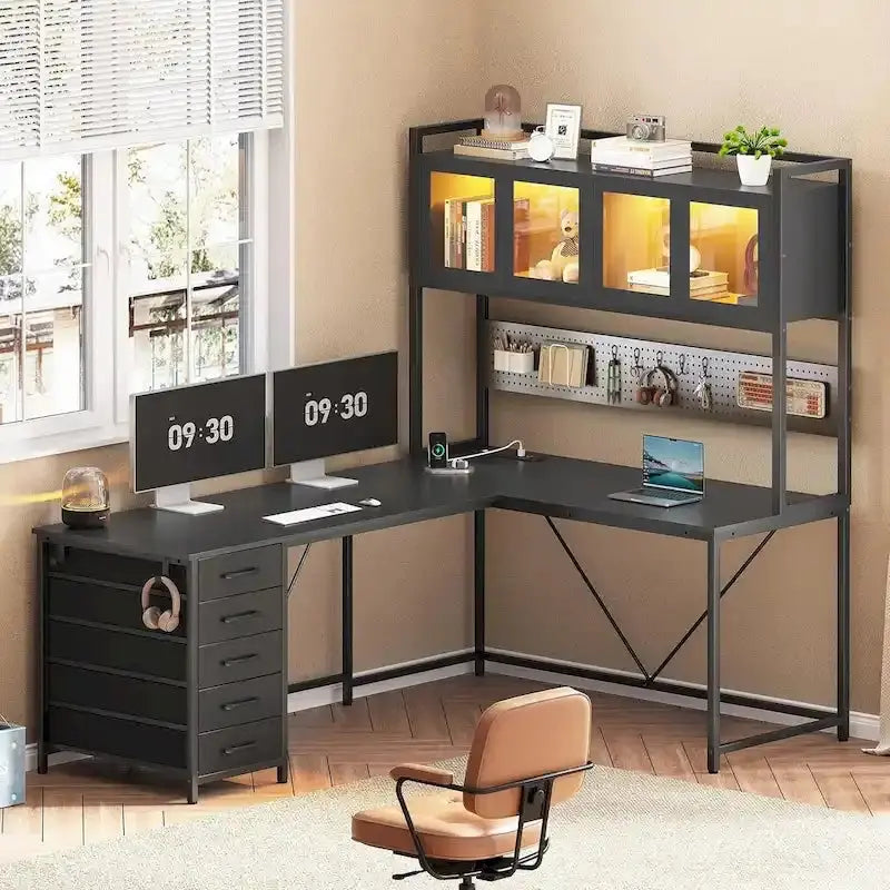 L-Shaped Gaming Desk with Pegboard Wall System, 5-Drawer Storage & Shelf Unit