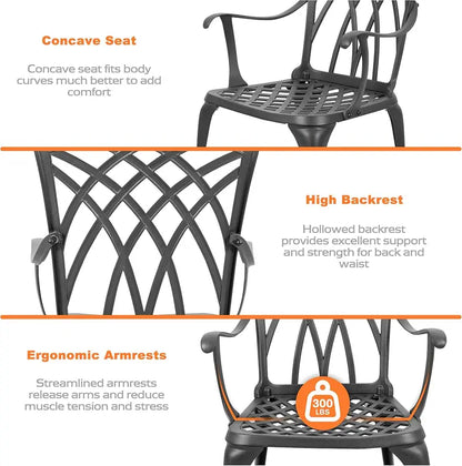 NUU GARDEN 3-Piece Aluminum Bistro Set  Outdoor Patio Table & Chairs with Umbrella Hole & Gray Cushions
