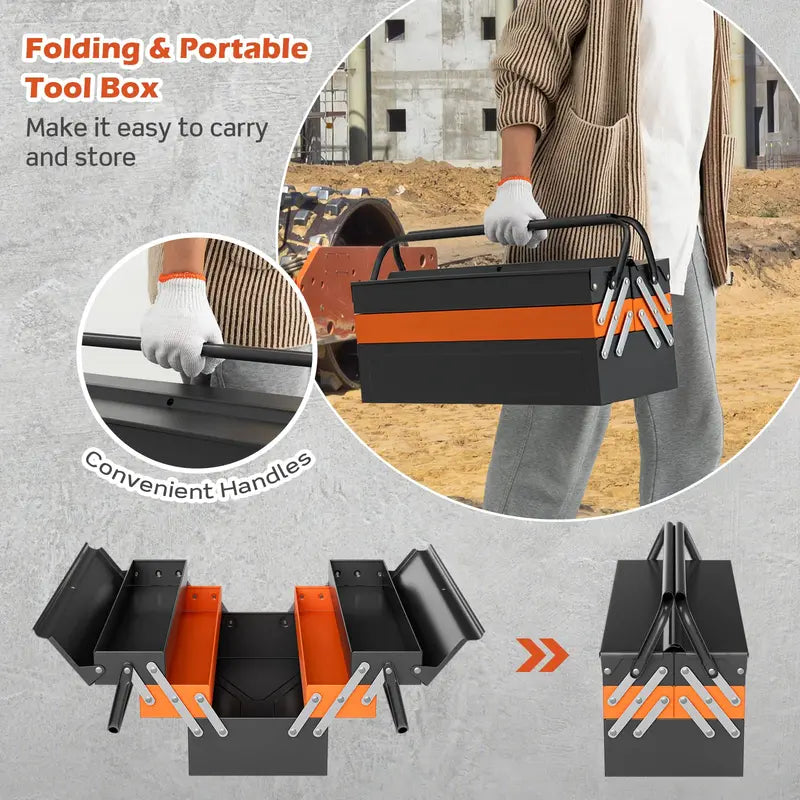 22-Inch 3-Tier Folding Metal Tool Box with 5 Removable Trays & Lockable Handle