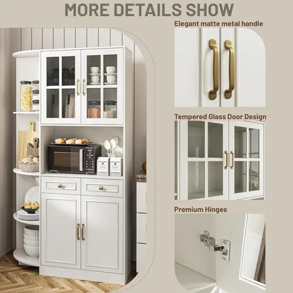 71″ Tall Kitchen Hutch Cabinet  Glass-Front Pantry Storage Unit with Open Shelving & Display Space