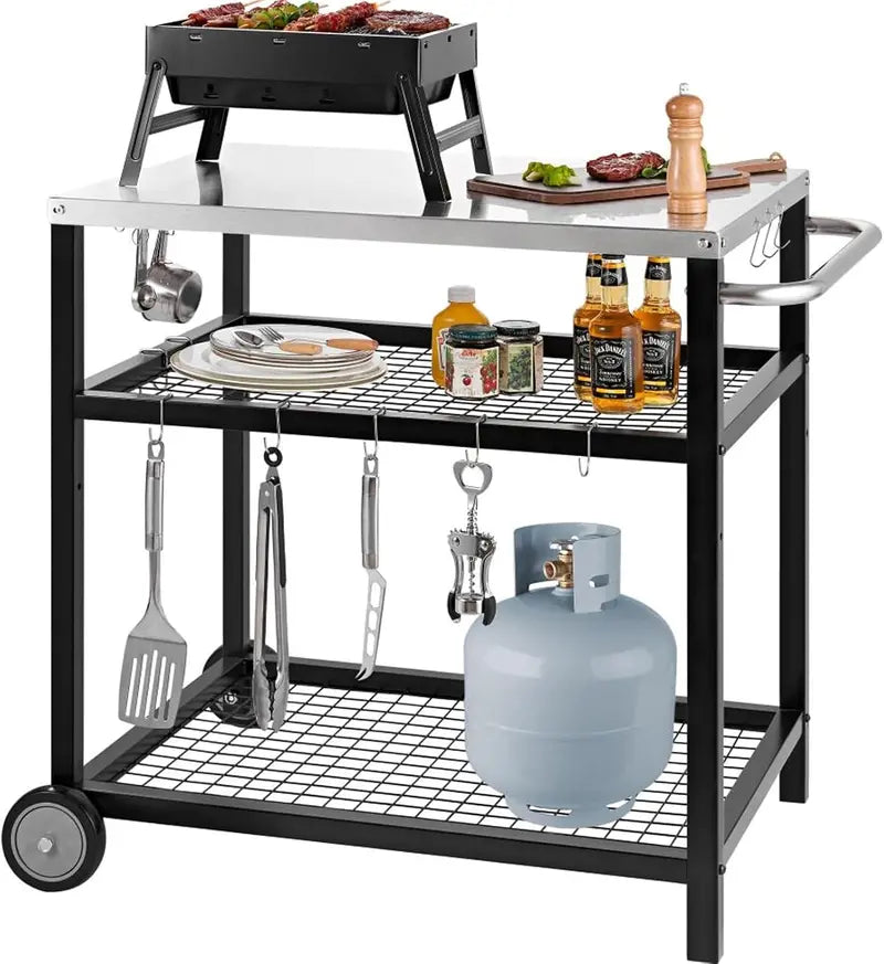 Heavy-Duty Stainless Steel Outdoor Grill Cart  3-Shelf Mobile Pizza Oven Stand with Wheels (31.5″ x 24″ x 35.5″)