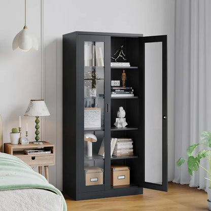 71-Inch Lockable Metal Curio Cabinet with Tempered Glass Doors, Four Adjustable Shelves, and Secure Storage for Collectibles or Liquor