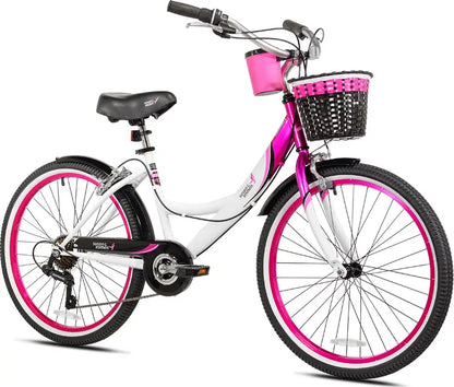 Kent Bicycles Susan G. Komen 24″ Multi-Speed Cruiser Bike for Girls, Pink/White/Black, 7-Speed, Steel Frame