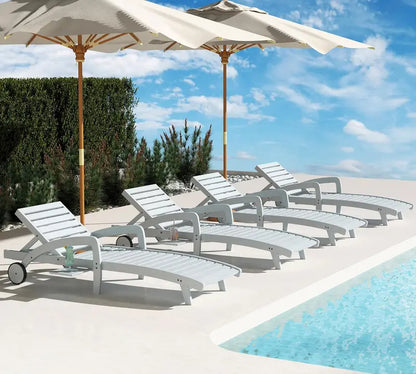 Set of 4 Wooden Poolside Chaise Lounges  5-Position Adjustable Recliners with Pull-Out Side Tables, Patio or Deck Ready