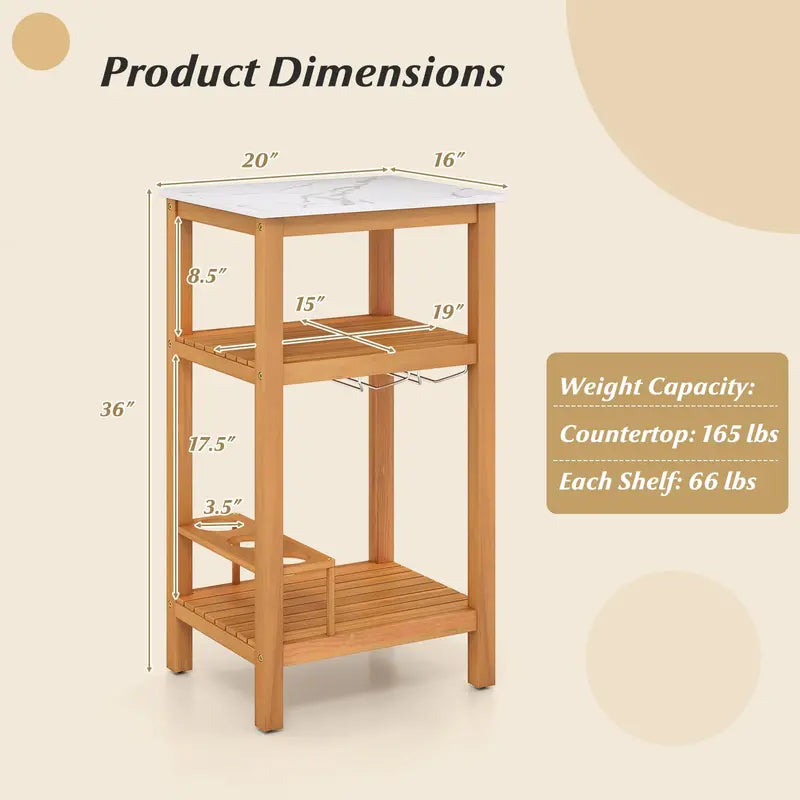 Three-Tier Patio Bar Cabinet  Faux Marble Countertop Serving Table for Outdoor Entertaining