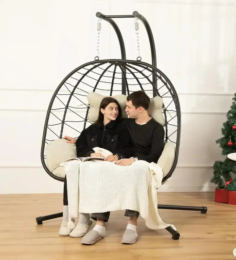 Double Egg Hammock Swing Chair  Foldable UV-Resistant Hanging Loveseat with Stand for Indoor or Outdoor Use