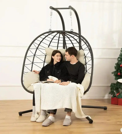 Double Egg Hammock Swing Chair  Foldable UV-Resistant Hanging Loveseat with Stand for Indoor or Outdoor Use