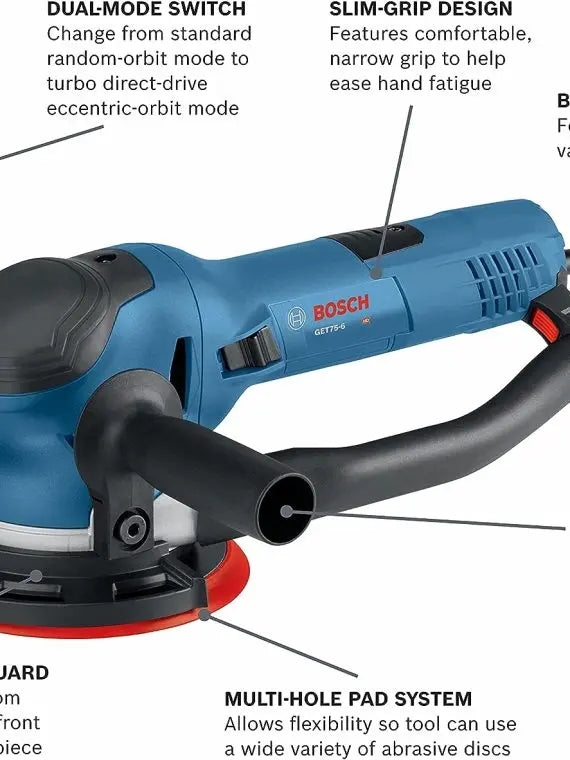 GET75-6N Electric Orbital Sander by Power Tools, 7.5 Amp, Corded, 6″ Disc, Dual Modes for Woodworking & Polishing
