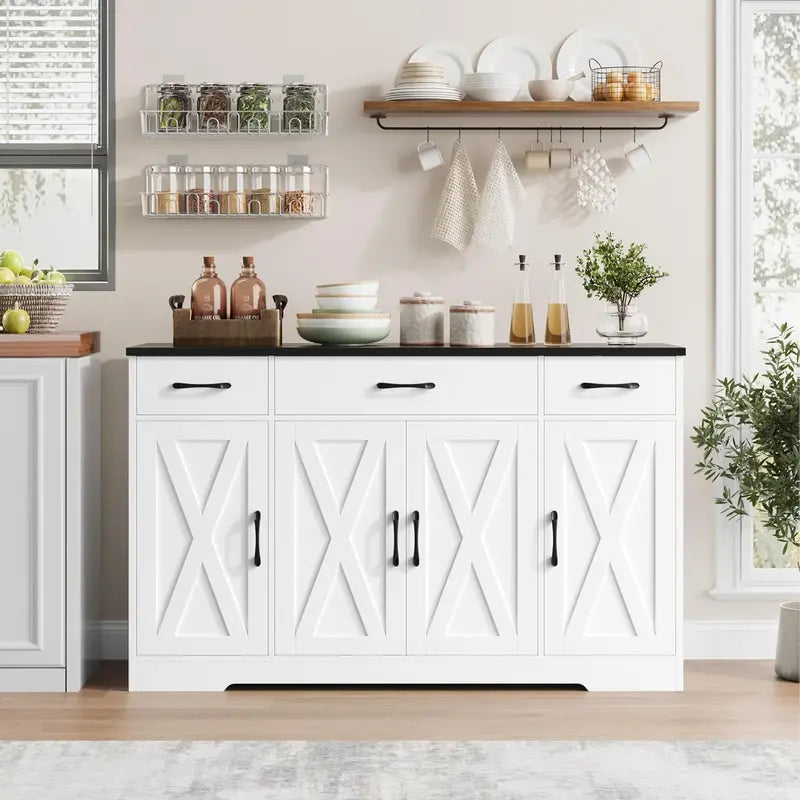 HOSTACK Modern Farmhouse Buffet Cabinet  55-Inch Wooden Sideboard with Drawers, Shelves & Doors for Coffee Bar or Dining Room Storage