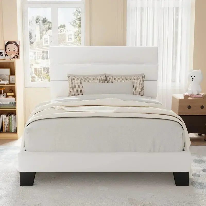 Allewie King Platform Bed Frame  Velvet-Upholstered Headboard with Solid Wood Slats