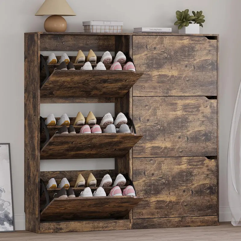 Discreet Freestanding Wood Shoe Cabinet with Three Concealed Flip Drawers