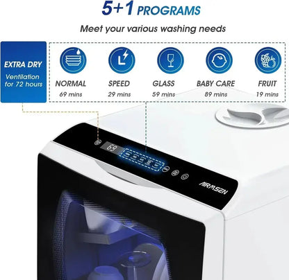 AIRMSEN Mini Tabletop Dishwasher with 5 Wash Programs and Space-Saving Footprint