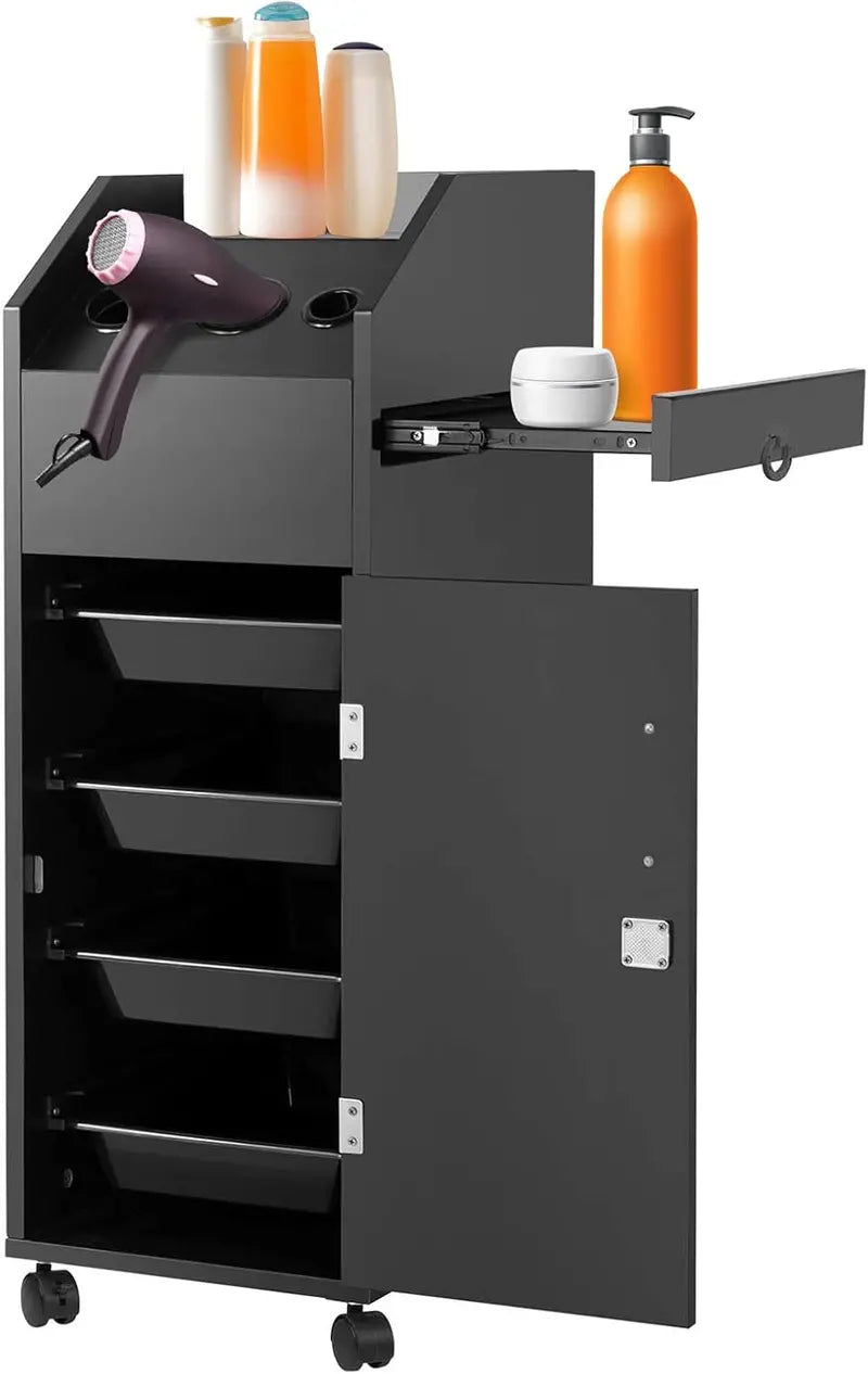 Locking Rolling Salon Trolley  Heavy-Duty Hair Stylist Cart with Drawers, Hair Dryer Holder, Side Tray, and Brake Wheels (Black)