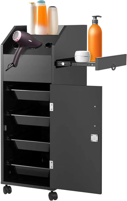 Locking Rolling Salon Trolley  Heavy-Duty Hair Stylist Cart with Drawers, Hair Dryer Holder, Side Tray, and Brake Wheels (Black)