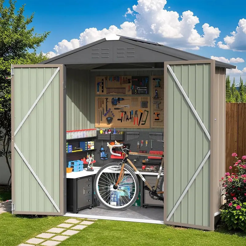 Greesum 6x4ft Lockable Patio Storage Shed  Galvanized Steel Garden Utility Shed
