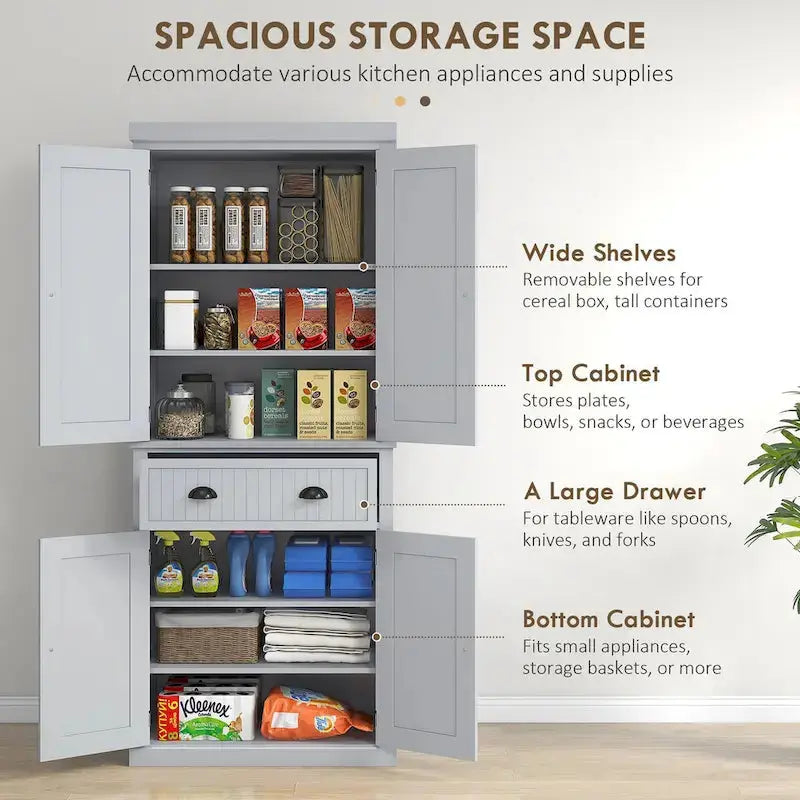 72-Inch Freestanding Pantry Cabinet  Traditional Style with Four Doors, Three Adjustable Shelves, and Spacious Center Drawer