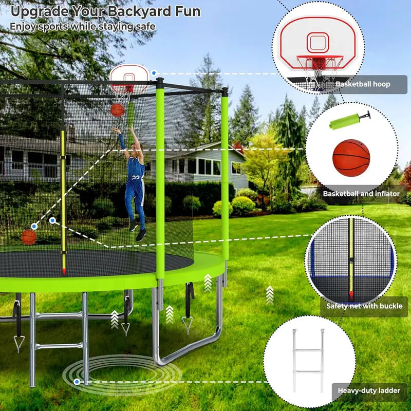 16-Foot Upgraded Trampoline with Enclosure Net and Adjustable Basketball Hoop