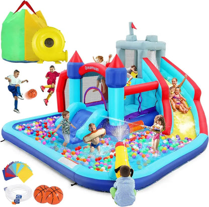 8-in-1 Inflatable Water Park for Kids: Bounce House, Slide, Climbing Wall, Splash Pool, Dual Water Cannons, Basketball Hoop & Crocodile Sprinkler  Includes 450W Blower
