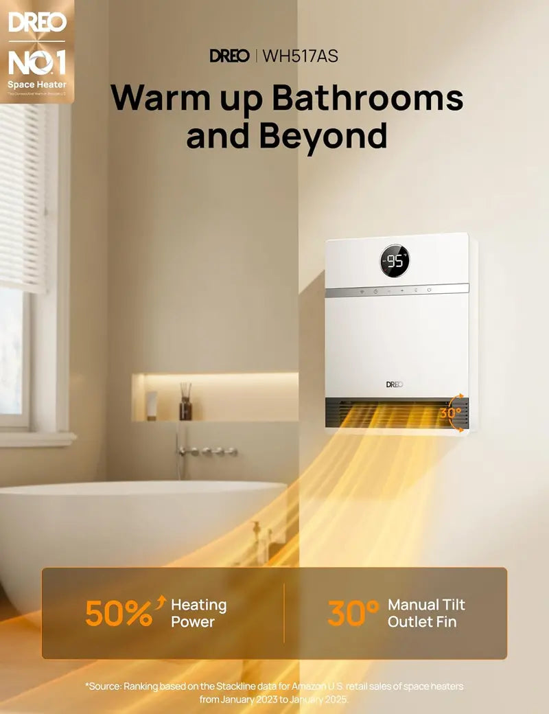 Dreo Smart Wall-Mounted PTC Heater | IP24-Rated Space Heater with 30° Oscillation, Alexa Compatibility, Remote, 24H Timer & Easy Installation for Bedrooms or Offices