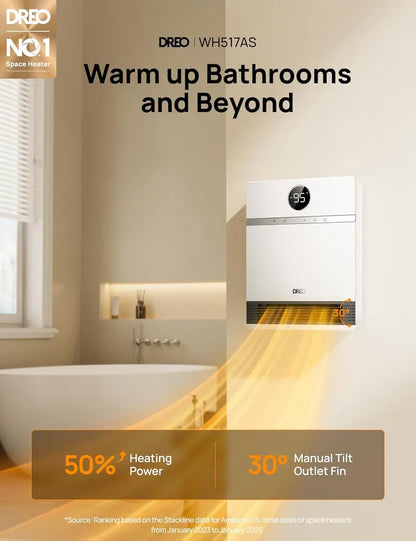 Dreo Smart Wall-Mounted PTC Heater | IP24-Rated Space Heater with 30° Oscillation, Alexa Compatibility, Remote, 24H Timer & Easy Installation for Bedrooms or Offices