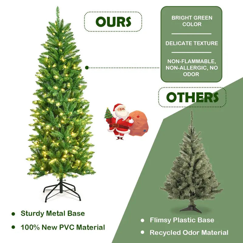 6-Foot Pre-Lit Hinged Fir Pencil Christmas Tree with 250 Warm White LED Lights