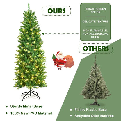 6-Foot Pre-Lit Hinged Fir Pencil Christmas Tree with 250 Warm White LED Lights