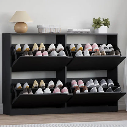 Discreet Freestanding Wood Shoe Cabinet with Three Concealed Flip Drawers