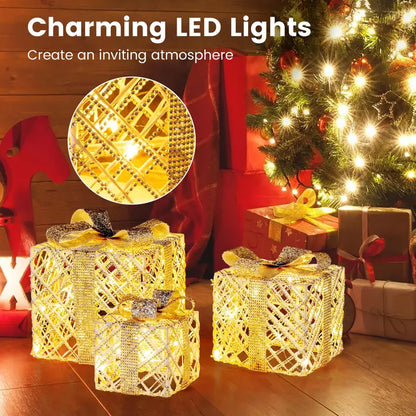 Set of Three Lighted Gift Box Ornaments ¡ª 90 LEDs Total, Festive Bow Accents for Indoor or Outdoor Use