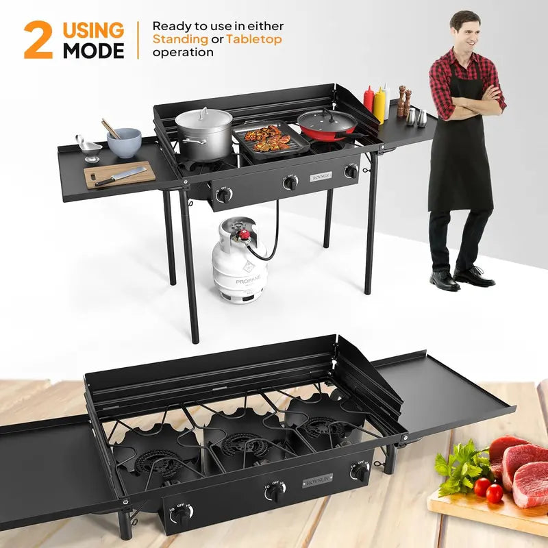 ROVSUN Portable 3-Burner Propane Stove  Compact Cooking Station with Dual Side Shelves
